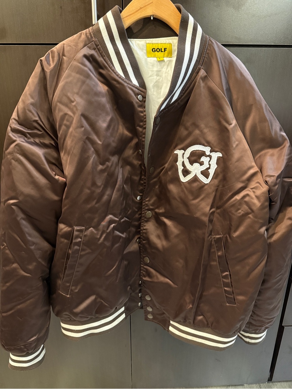 Golf Wang Brown Satin Varsity Bomber Jacket Size L
